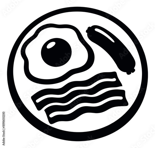 Simple line art illustration of a breakfast plate depicting a fried egg, bacon, and sausage for morning meals