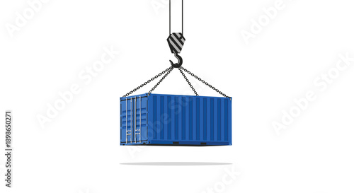 Blue Shipping Cargo Container Hanging from Crane Hook and Chains Flat Illustration