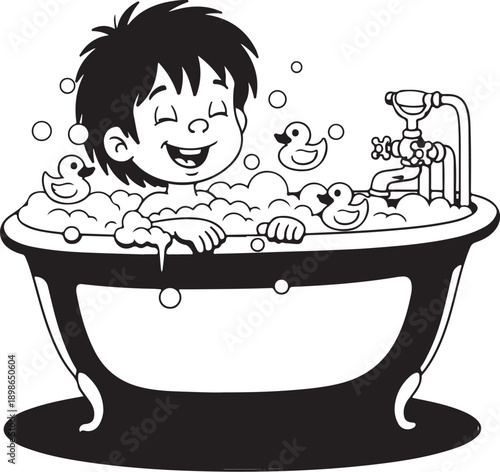 Boy Playing with Rubber Ducks in Bathtub with Bubbles