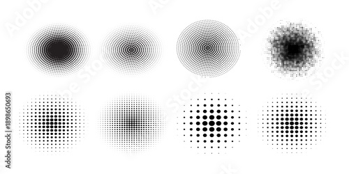 Halftone gradient collection. Dotted textured round and square patterns. Cartoon faded background set. Pixelated bitmap element pack for frame, poster, collage, banner. Vector comic bundle