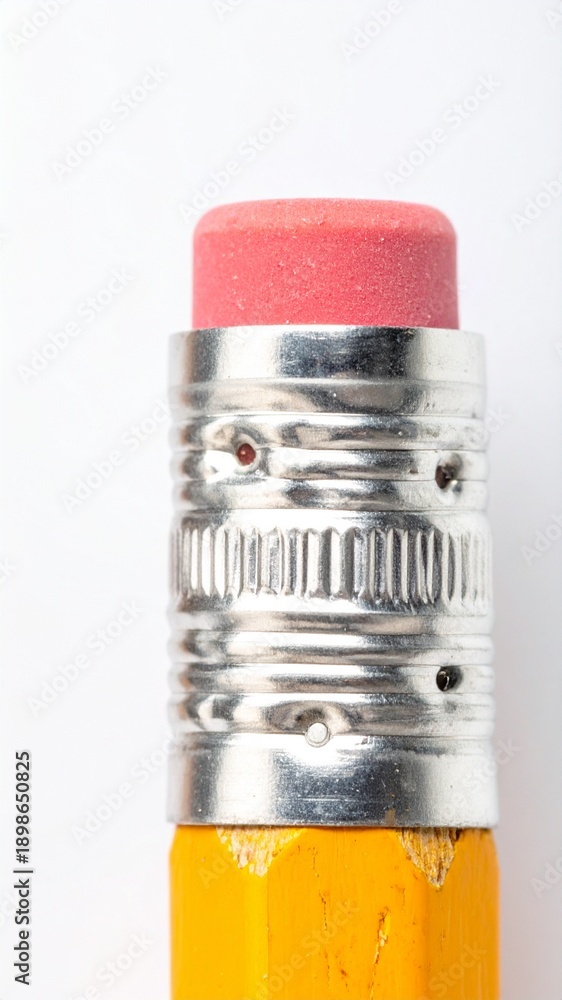 Obraz premium Macro Detail of Classic Yellow Pencil Eraser and Metal Ferrule on White Background
