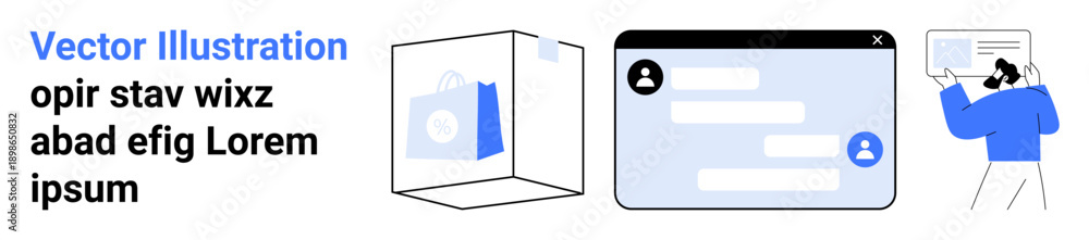 Obraz premium Digital communication, business collaboration, messaging platforms, online storage, virtual interactions, information sharing. Icons and character chat box, cloud folder, and person with document