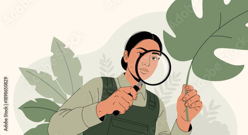 Female botanist examining leaf with magnifying glass surrounded by plants  