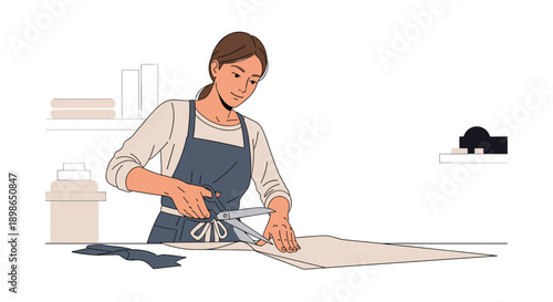 Female tailor cutting fabric with scissors on a white background  