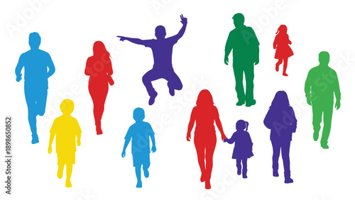 Diverse group of people of all ages and sizes in colorful silhouettes, celebrating movement and unity.