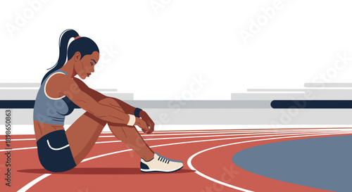 Female sprinter resting on track with a focused expression  