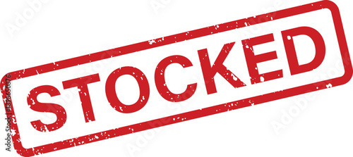 A distressed red rubber stamp featuring the word STOCKED with a bold rectangular frame