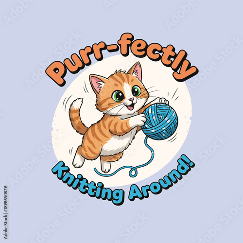 Playful Cat Knitting Mascot Logo with Yarn, Ideal for Handmade Brand, Craft Store, Knitting Club, and Hobby Merchandise