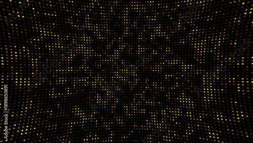 Abstract dot technology background. Hi tech motion graphic background, yellow flickering dots on dark background