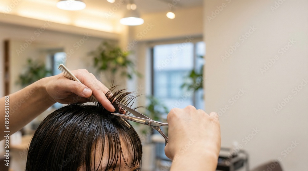 Naklejka premium Hair stylist trimming bangs of a young woman in salon 