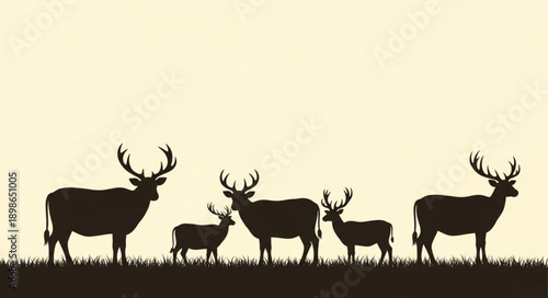 Silhouette of a deer family standing in a field.