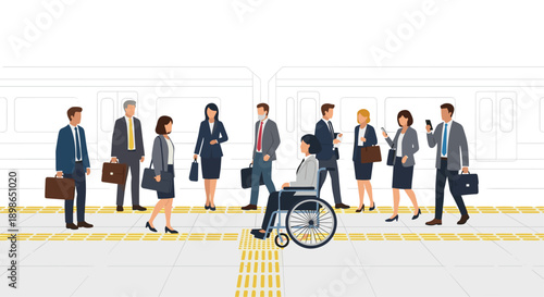 Diverse Business People and Person in Wheelchair on Train Station Platform Illustration