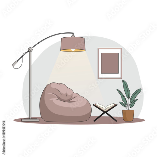 Islamic Reading Nook with Quran on Rehal, Bean Bag and Modern Floor Lamp Vector Illustration