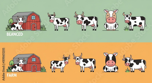 Cute cartoon cows and farm buildings in a playful illustration.