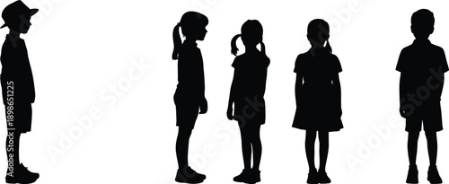 Black Silhouettes of Five Diverse Children Standing in a Row on White Background, Childhood Group, Youth Growth, Kids Standing Together