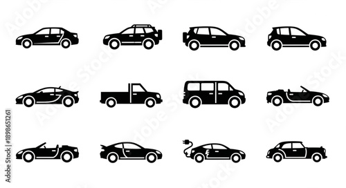Collection of Diverse Car Silhouettes Icons Vector Illustration.