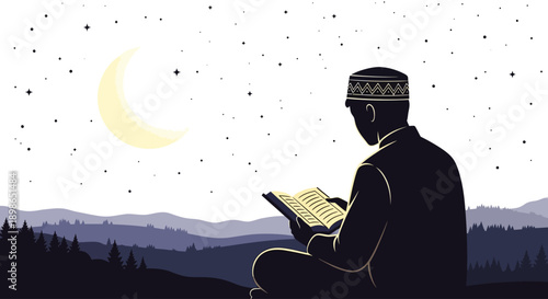 Man reading book under starry night sky with crescent moon