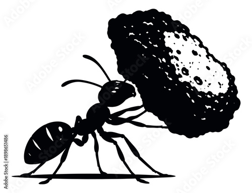 Hand drawn illustration of an ant depicting carrying a large crumb for concepts of perseverance