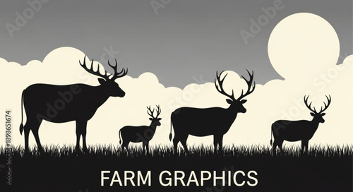 Silhouette of a deer family standing in a field at sunset.