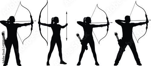 Archer silhouettes aiming bow and arrow, male and female archery shooting stances, target practice and sport training poses, black vector illustration set
