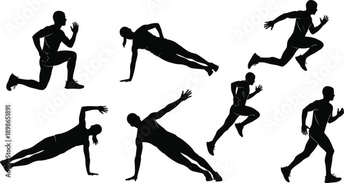Athletic people silhouettes performing fitness exercises, running jumping plank poses, dynamic sport training actions, black vector illustration set