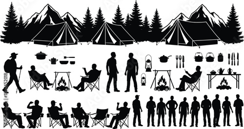 Camping silhouettes collection with tents mountains and people, outdoor adventure activities, campfire cooking equipment and hikers, nature travel lifestyle, black vector illustration set