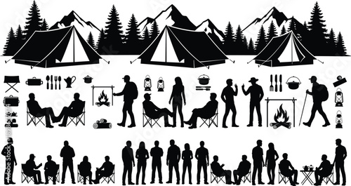 Camping silhouettes collection with tents, mountains and forest scenery, people relaxing by campfire, outdoor adventure activities and equipment, nature travel lifestyle, black vector illustration set