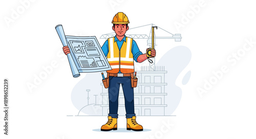 Construction worker operating surveying equipment illustration showing engineering field measurement and site inspection activity
