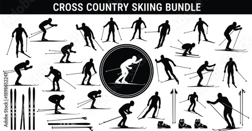 Cross country skiing bundle silhouettes, nordic ski athletes in dynamic action poses with equipment, winter sport vector illustration set collection design