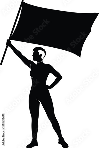 Female protester silhouette holding waving blank flag, strong woman activism and social justice concept symbolizing freedom equality rights, modern demonstration vector illustration