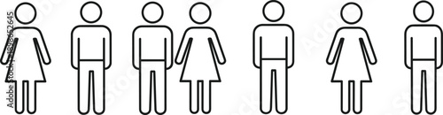 Male and female people icons set, simple human pictograms for gender representation, restroom signage and demographic symbols, clean outline vector illustration