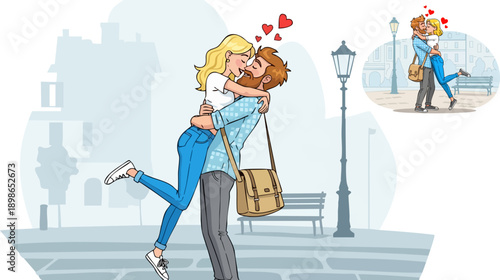 Vector illustration of a man lifting and kissing a woman on a city street, romantic couple in love, isolated on white