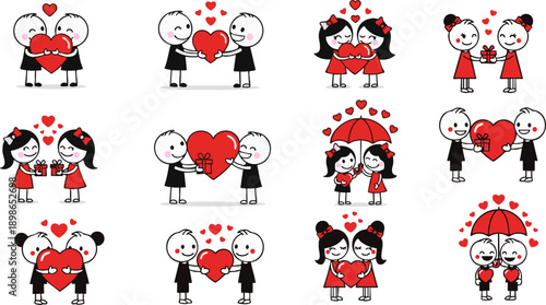 Vector cartoon couples in love with red hearts and gifts, romantic relationship illustration set, isolated on white