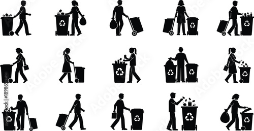 People recycling waste silhouettes showing trash disposal sorting and eco friendly habits, environmental conservation vector illustration set for sustainability awareness design