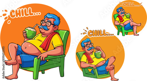 Cartoon vector illustration of a man relaxing in a chair, drinking coconut water, with 'Chill...' text, isolated on white