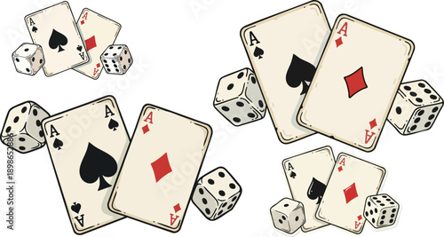 Vector playing cards and dice illustration set, aces of spades and diamonds with white casino dice, isolated on white