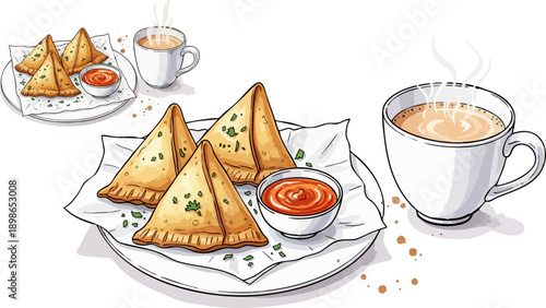Indian Samosas with Chutney and Masala Chai Tea Vector Illustration, hand drawn style, isolated on white