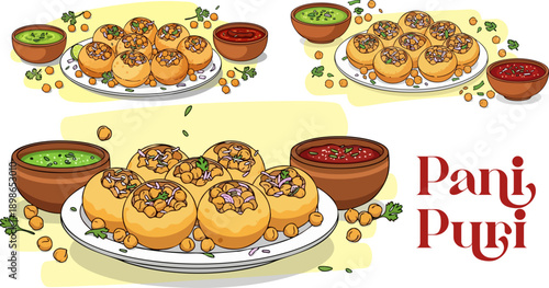 Pani Puri vector illustration set with green and red chutney, Indian street food, flat design