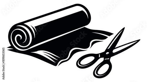 Line art crafting tools set featuring a roll of fabric and scissors for sewing and textile design