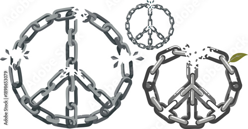 Vector broken chain peace symbol illustration set, metallic grey links, isolated on white