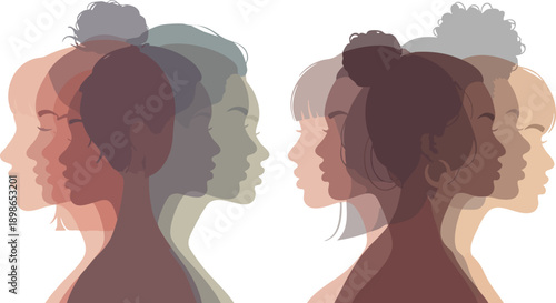 Vector illustration of diverse women's profiles with varying skin tones and hair, facing each other, transparency effect, isolated on white