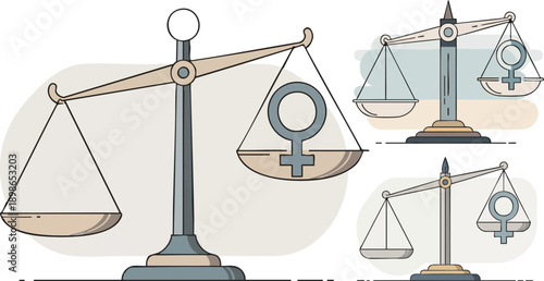 Gender equality scales vector illustration set, female symbol balanced on justice scales, equal rights concept, isolated on white