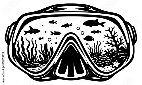 Underwater Coral Reef Scene Inside Scuba Diving Mask Vector Illustration - Marine Life Silhouette with Fish and Seaweed for Snorkeling and Diving Apparel Design