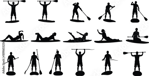 Stand up paddle board silhouettes showing paddling yoga balance and fitness poses, SUP water sport activities vector illustration set collection