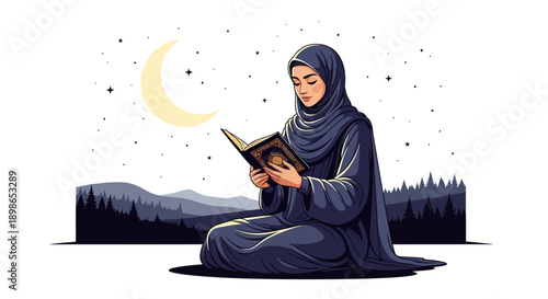 Serene woman in hijab reading book under starry night sky with crescent moon