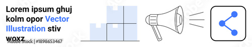 Digital marketing, data analytics, audience engagement, social media, communication tools, online sharing. Megaphone, bar graph share icon. Digital marketing and data analytics