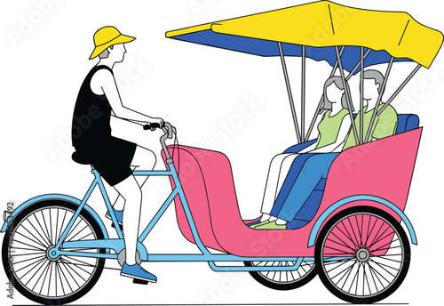 Colorful cycle rickshaw illustration showing urban street transportation with passengers, eco friendly travel concept for city tourism and daily commuting