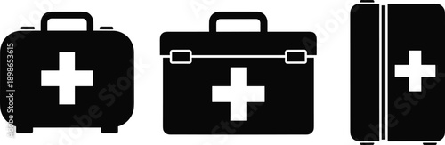 First aid kit icon set in solid silhouette style, featuring medical emergency boxes and cases, ideal for healthcare, safety, hospital, clinic and emergency service design concepts.