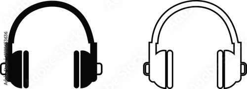 Microphone Audio Equipment Black Flat Line Style Vector Icon Set, Sound Recording Symbol Collection and Music Podcast Outline Graphic Group Featuring Mic, Headset and Earphone