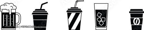 Drink and beverage icon set in solid silhouette style, featuring beer, soda, coffee and cold drinks, ideal for cafe, bar, restaurant and menu design concepts.